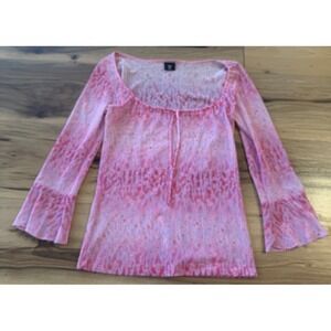 Y2K Pink Sheer Mesh Bell Sleeve Top Tie Front Fairycore Square Neck Festival XL
